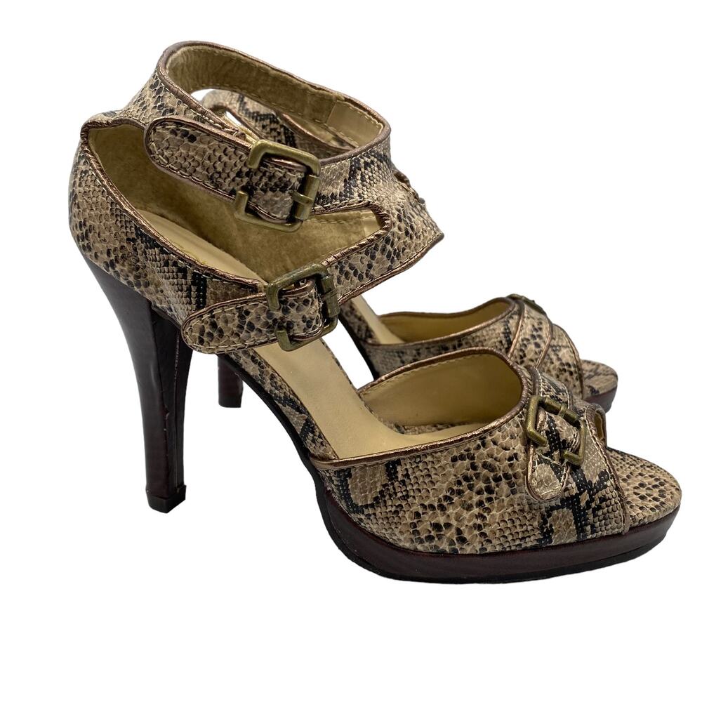 Coup D'etat Sz 7M Metallic Tan Snakeskin Buckled Peep Toe Platform Heels Sandals